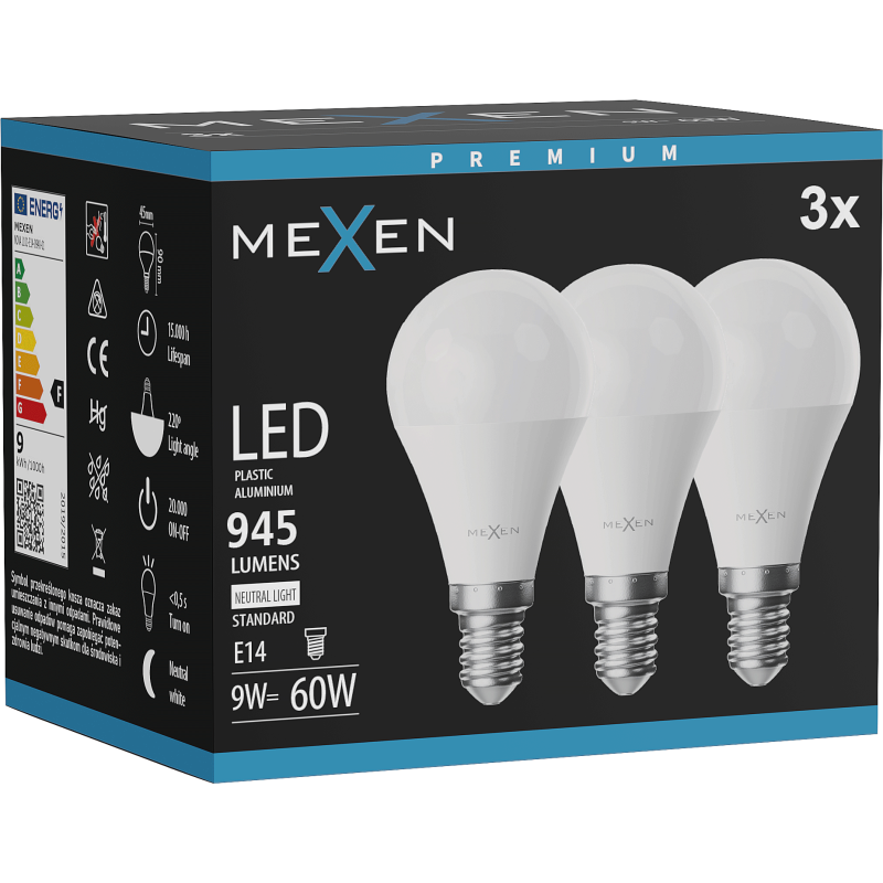 Mexen Nova 3x LED žiarovka E14, G45, 9W, Neutrálna - 4000K, 945 lm - L101-E14-0940-01x03