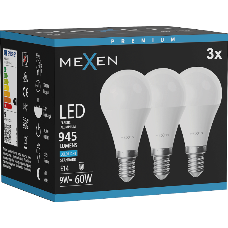 Mexen Nova 3x LED žiarovka E14, G45, 9W, Studená - 6500K, 945 lm - L101-E14-0965-01x03