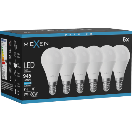 Mexen Nova 6x LED žiarovka E14, G45, 9W, Studená - 6500K, 945 lm - L101-E14-0965-01x06