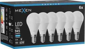 Mexen Nova 6x LED žiarovka E14, G45, 9W, Studená - 6500K, 945 lm - L101-E14-0965-01x06