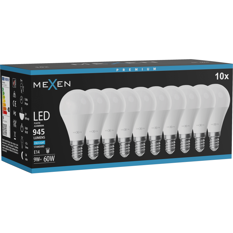 Mexen Nova 10x LED žiarovka E14, G45, 9W, Studená - 6500K, 945 lm - L101-E14-0965-01x10