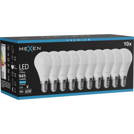 Mexen Nova 10x LED žiarovka E14, G45, 9W, Studená - 6500K, 945 lm - L101-E14-0965-01x10