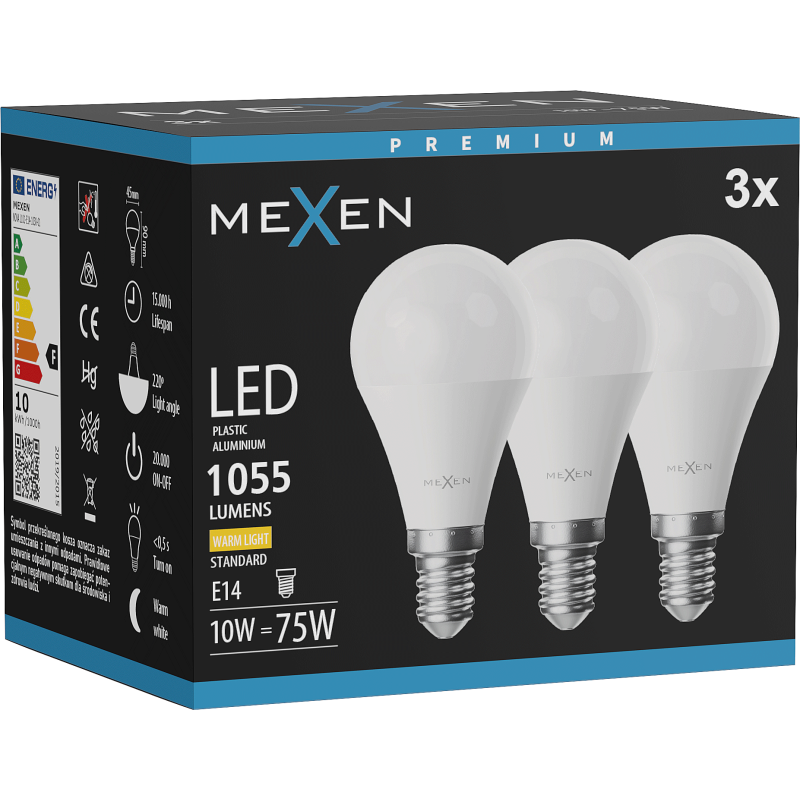 Mexen Nova 3x LED žiarovka E14, G45, 10W, Teplá - 3000K, 1055 lm - L101-E14-1030-01x03