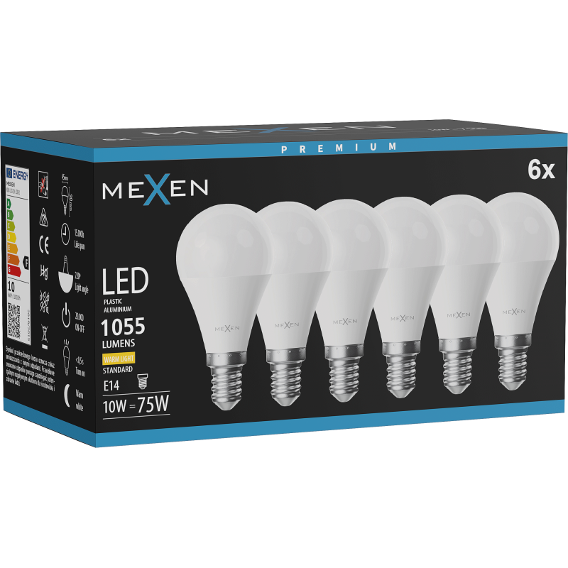 Mexen Nova 6x LED žiarovka E14, G45, 10W, Teplá - 3000K, 1055 lm - L101-E14-1030-01x06