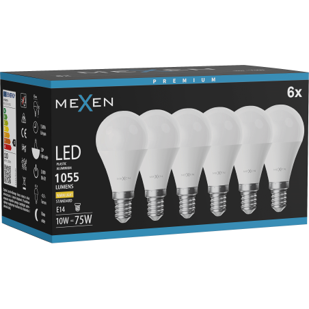 Mexen Nova 6x LED žiarovka E14, G45, 10W, Teplá - 3000K, 1055 lm - L101-E14-1030-01x06