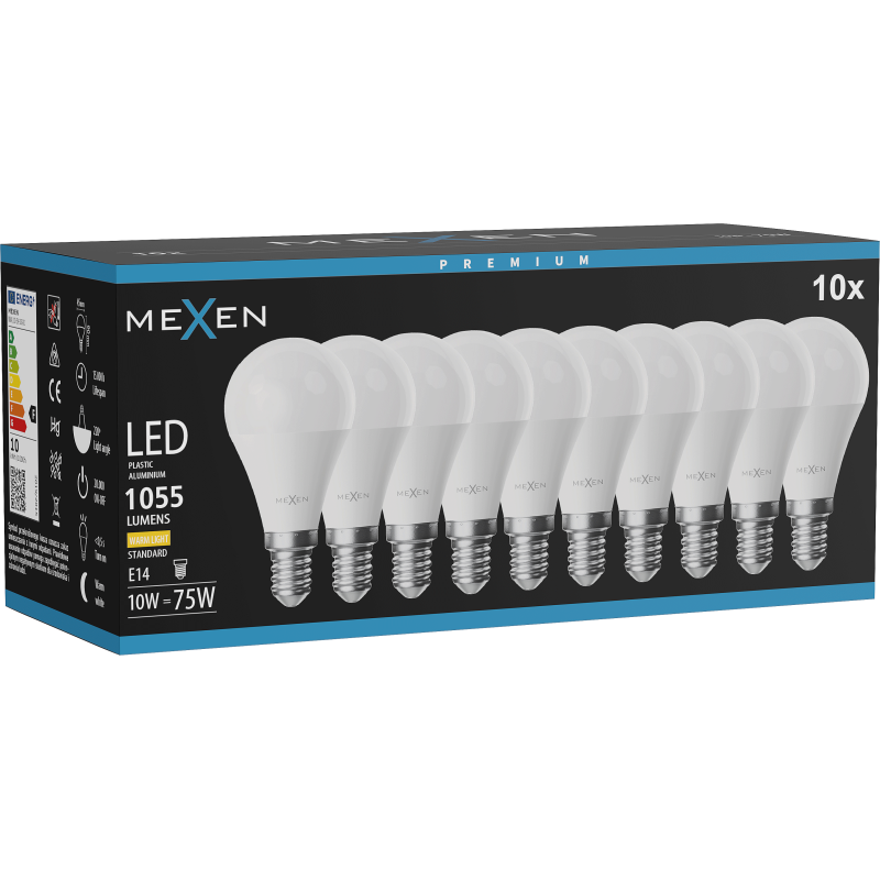 Mexen Nova 10x LED žiarovka E14, G45, 10W, Teplá - 3000K, 1055 lm - L101-E14-1030-01x10