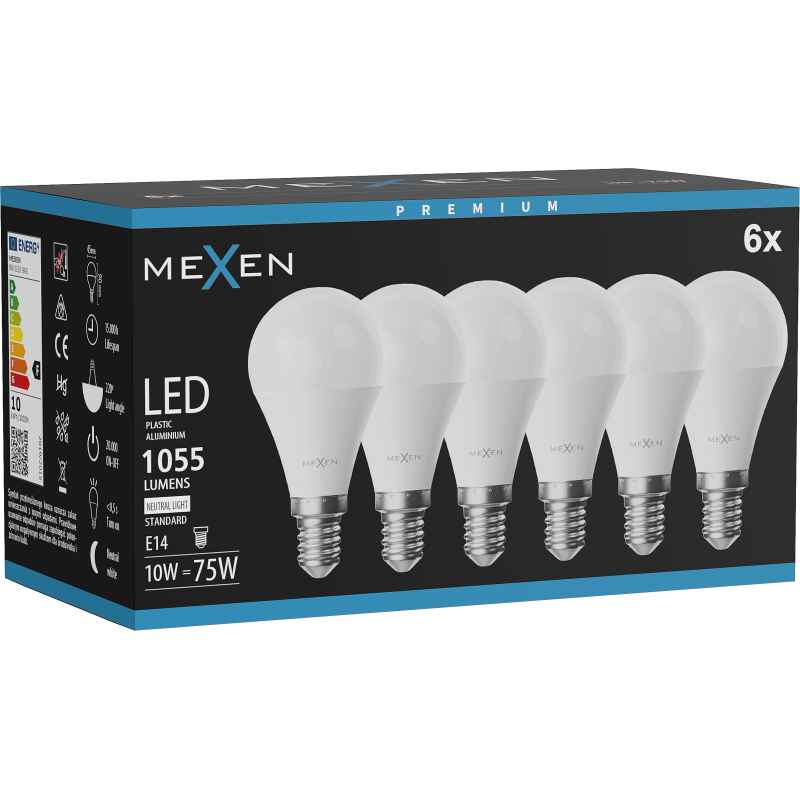 Mexen Nova 6x LED žiarovka E14, G45, 10W, Neutrálna - 4000K, 1055 lm - L101-E14-1040-01x06