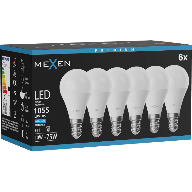 Mexen Nova 6x LED žiarovka E14, G45, 10W, Studená - 6500K, 1055 lm - L101-E14-1065-01x06