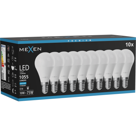 Mexen Nova 10x LED žiarovka E14, G45, 10W, Studená - 6500K, 1055 lm - L101-E14-1065-01x10