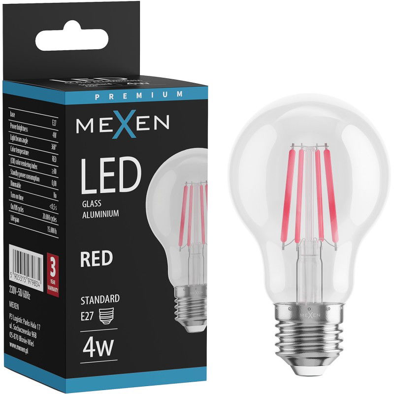 Mexen Vintis LED žiarovka filament E27, A60, 4W, 55 lm, červená - L150-E27-04XX-45