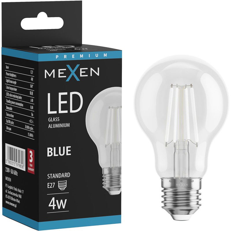 Mexen Vintis LED žiarovka s vláknom E27, A60, 4W, 55 lm, modrá - L150-E27-04XX-47