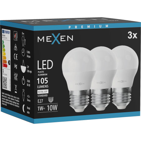 Mexen Nova 3x LED žiarovka E27, G45, 1W, Neutrálna - 4000K, 105 lm - L101-E27-0140-01x03
