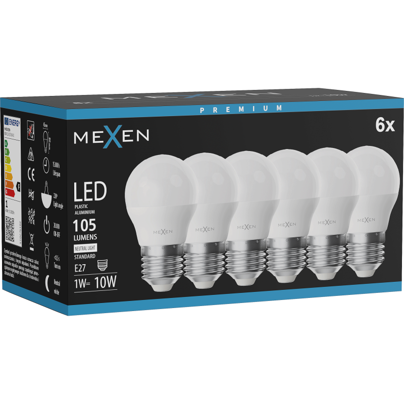 Mexen Nova 6x LED žiarovka E27, G45, 1W, Neutrálna - 4000K, 105 lm - L101-E27-0140-01x06