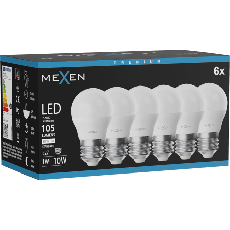 Mexen Nova 6x LED žiarovka E27, G45, 1W, Neutrálna - 4000K, 105 lm - L101-E27-0140-01x06