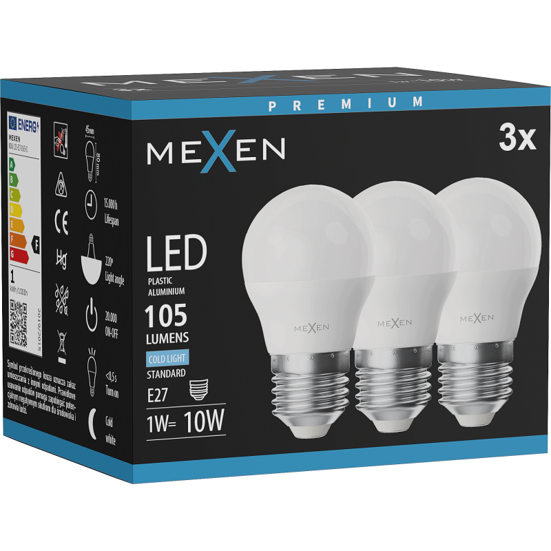 Mexen Nova 3x LED žiarovka E27, G45, 1W, Studená - 6500K, 105 lm - L101-E27-0165-01x03