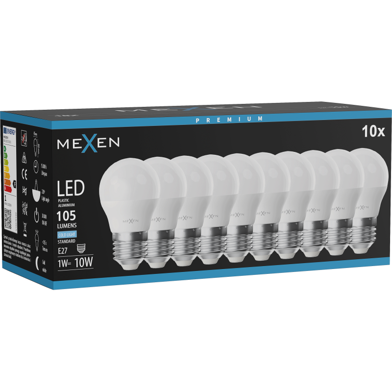 Mexen Nova 10x LED žiarovka E27, G45, 1W, Studená - 6500K, 105 lm - L101-E27-0165-01x10