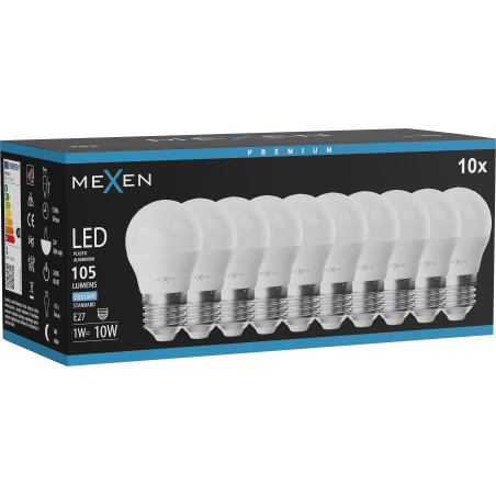 Mexen Nova 10x LED žiarovka E27, G45, 1W, Studená - 6500K, 105 lm - L101-E27-0165-01x10