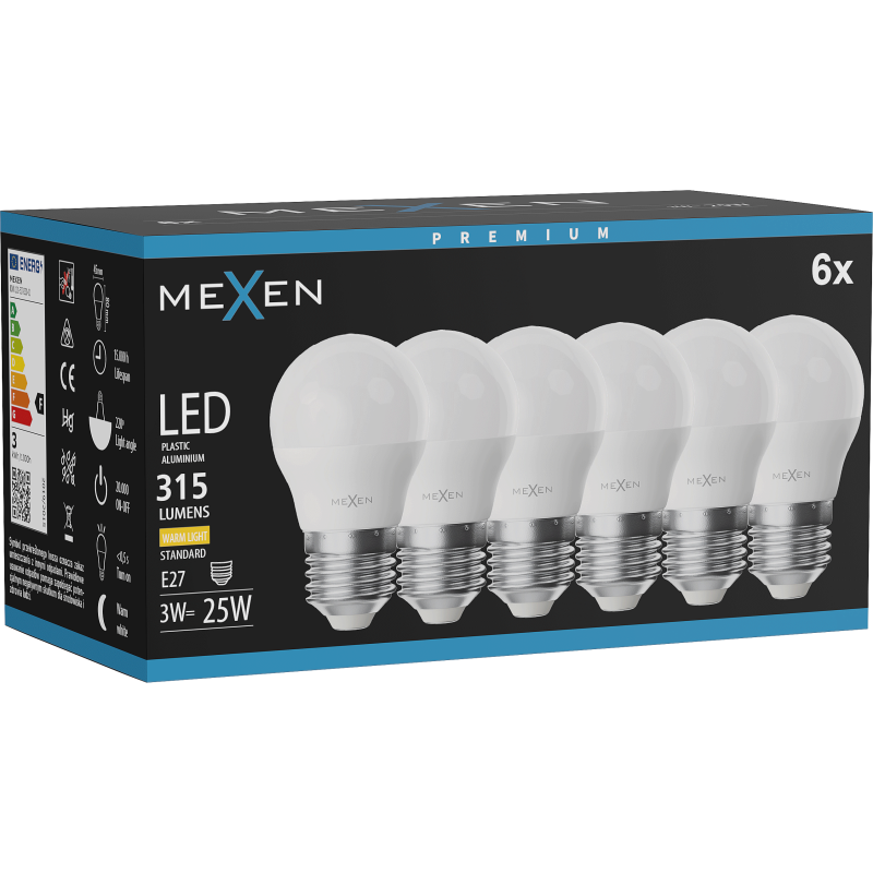 Mexen Nova 6x LED žiarovka E27, G45, 3W, Teplá - 3000K, 315 lm - L101-E27-0330-01x06