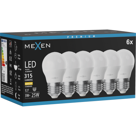 Mexen Nova 6x LED žiarovka E27, G45, 3W, Teplá - 3000K, 315 lm - L101-E27-0330-01x06