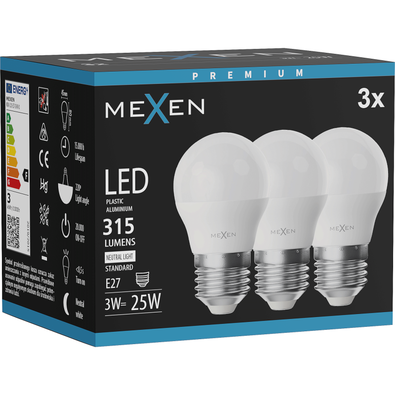 Mexen Nova 3x LED žiarovka E27, G45, 3W, Neutrálna - 4000K, 315 lm - L101-E27-0340-01x03