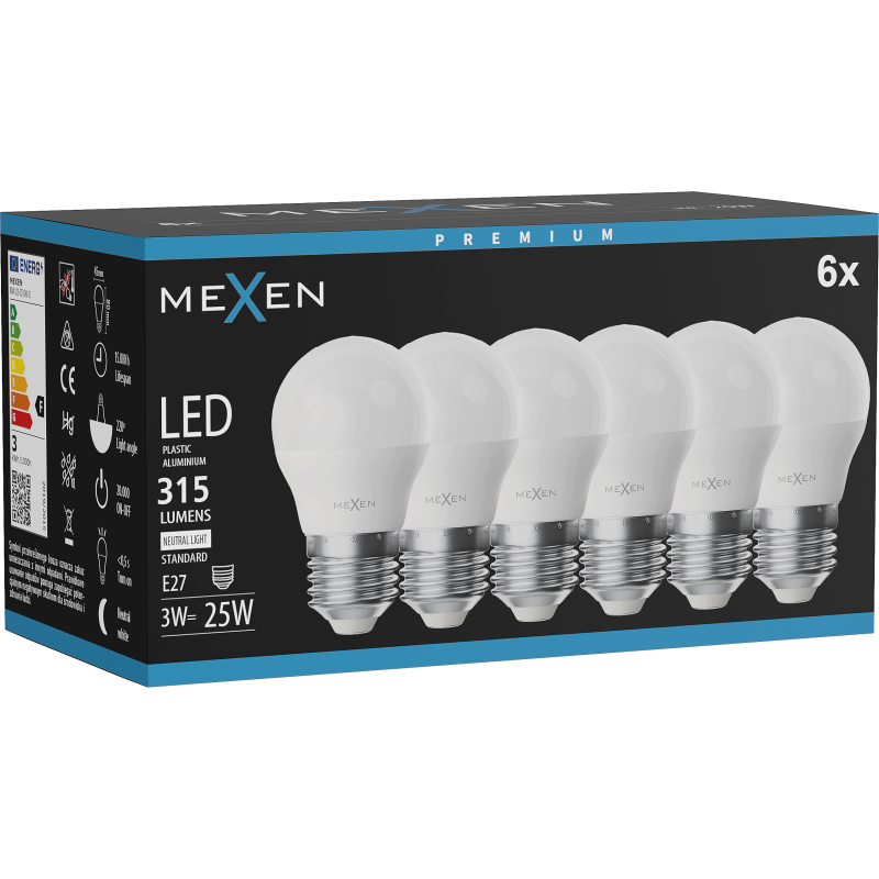 Mexen Nova 6x LED žiarovka E27, G45, 3W, Neutrálna - 4000K, 315 lm - L101-E27-0340-01x06