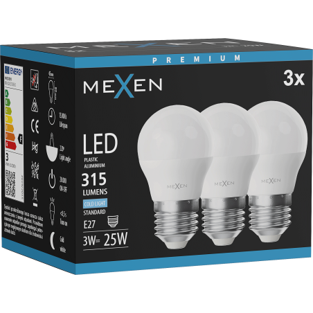 Mexen Nova 3x LED žiarovka E27, G45, 3W, Studená - 6500K, 315 lm - L101-E27-0365-01x03