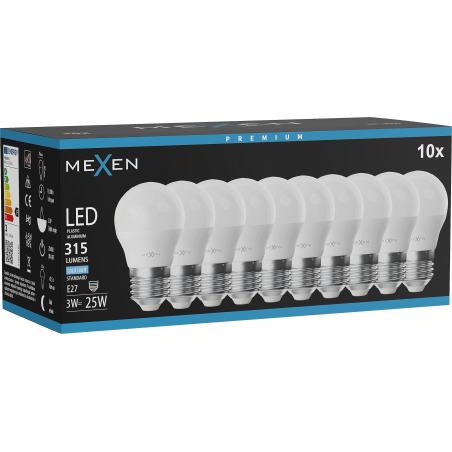 Mexen Nova 10x LED žiarovka E27, G45, 3W, Studená - 6500K, 315 lm - L101-E27-0365-01x10