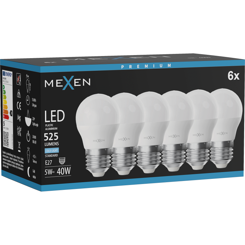 Mexen Nova 6x LED žiarovka E27, G45, 5W, Studená - 6500K, 525 lm - L101-E27-0565-01x06