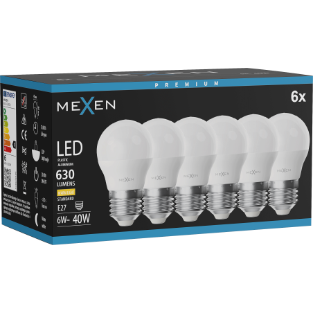 Mexen Nova 6x LED žiarovka E27, G45, 6W, Teplá - 3000K, 630 lm - L101-E27-0630-01x06