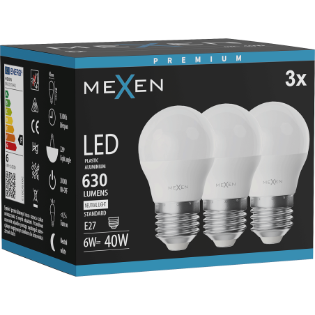 Mexen Nova 3x LED žiarovka E27, G45, 6W, Neutrálna - 4000K, 630 lm - L101-E27-0640-01x03