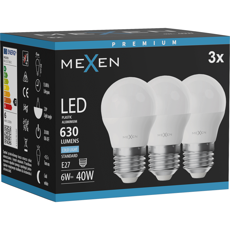 Mexen Nova 3x Žiarovka LED E27, G45, 6W, Studená - 6500K, 630 lm - L101-E27-0665-01x03