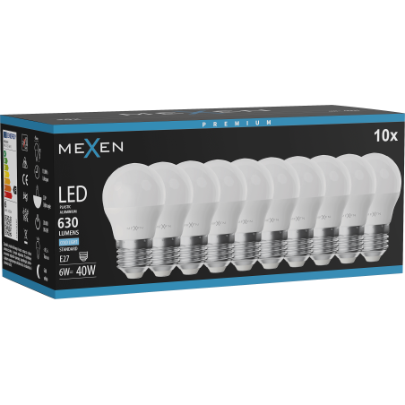 Mexen Nova 10x LED žiarovka E27, G45, 6W, Studená - 6500K, 630 lm - L101-E27-0665-01x10