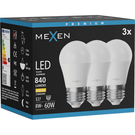 Mexen Nova 3x LED žiarovka E27, G45, 8W, Teplá - 3000K, 840 lm - L101-E27-0830-01x03