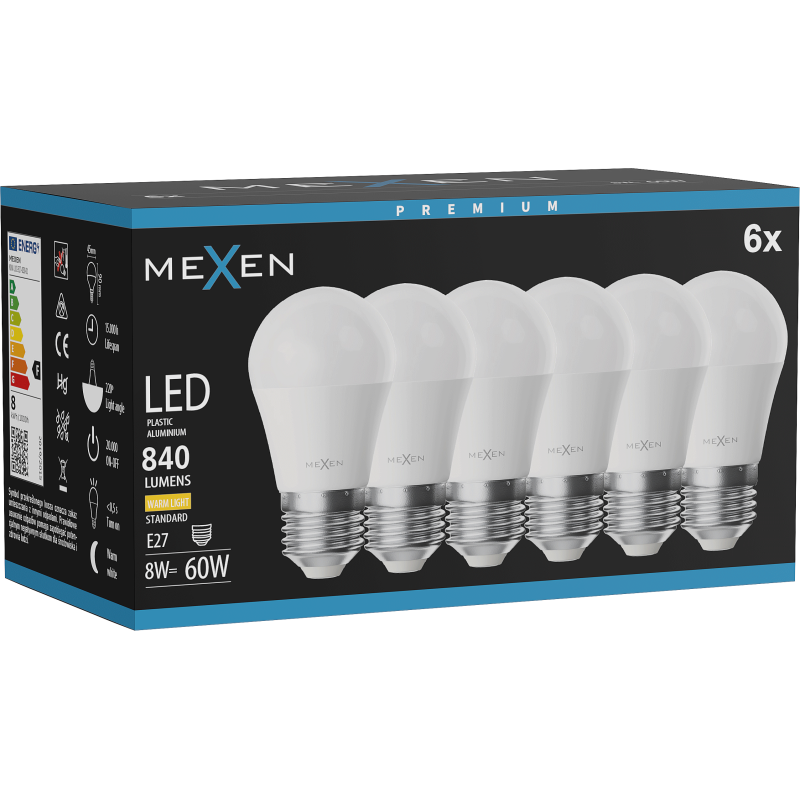 Mexen Nova 6x LED žiarovka E27, G45, 8W, Teplá - 3000K, 840 lm - L101-E27-0830-01x06
