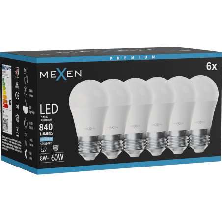 Mexen Nova 6x LED žiarovka E27, G45, 8W, Studená - 6500K, 840 lm - L101-E27-0865-01x06