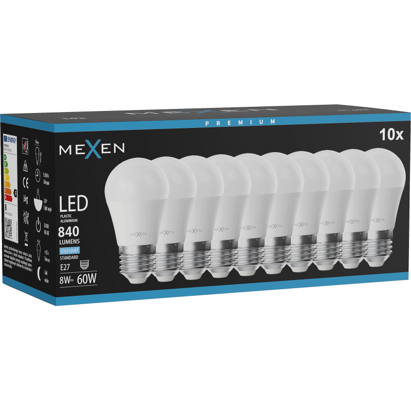 Mexen Nova 10x LED žiarovka E27, G45, 8W, Studená - 6500K, 840 lm - L101-E27-0865-01x10