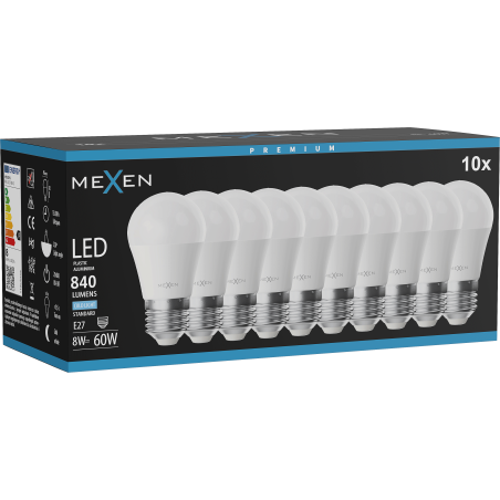 Mexen Nova 10x LED žiarovka E27, G45, 8W, Studená - 6500K, 840 lm - L101-E27-0865-01x10