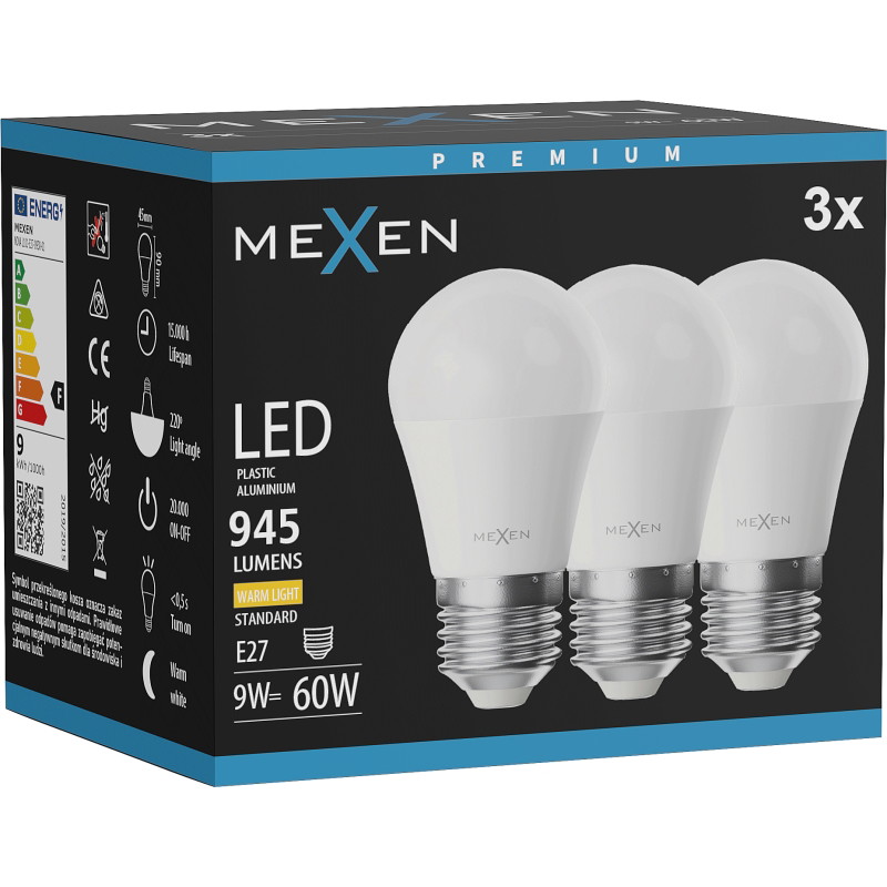 Mexen Nova 3x LED žiarovka E27, G45, 9W, Teplá - 3000K, 945 lm - L101-E27-0930-01x03