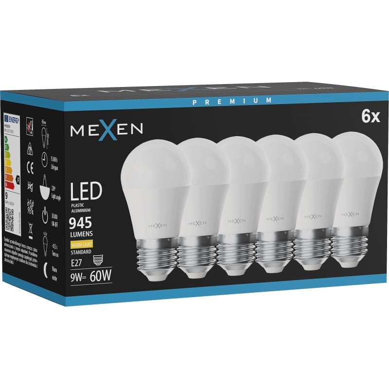 Mexen Nova 6x LED žiarovka E27, G45, 9W, Teplá - 3000K, 945 lm - L101-E27-0930-01x06