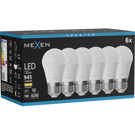 Mexen Nova 6x LED žiarovka E27, G45, 9W, Teplá - 3000K, 945 lm - L101-E27-0930-01x06