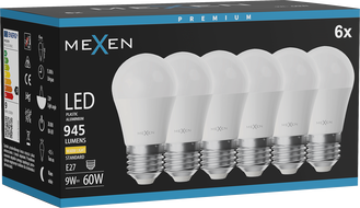 Mexen Nova 6x LED žiarovka E27, G45, 9W, Teplá - 3000K, 945 lm - L101-E27-0930-01x06