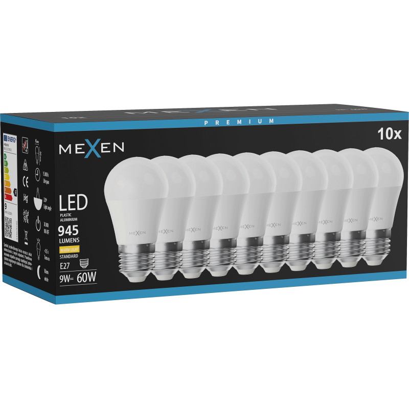 Mexen Nova 10x LED žiarovka E27, G45, 9W, Teplá - 3000K, 945 lm - L101-E27-0930-01x10