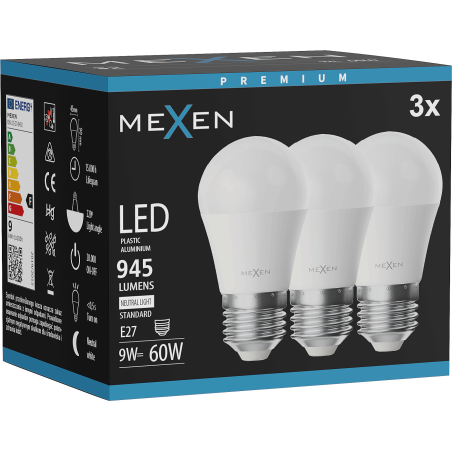 Mexen Nova 3x LED žiarovka E27, G45, 9W, Neutrálna - 4000K, 945 lm - L101-E27-0940-01x03