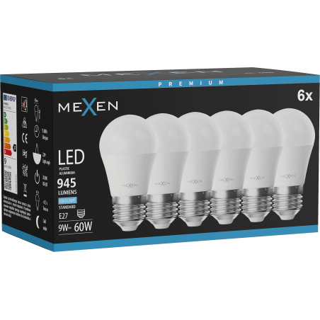 Mexen Nova 6x Žiarovka LED E27, G45, 9W, Studená - 6500K, 945 lm - L101-E27-0965-01x06