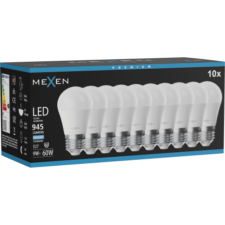 Mexen Nova 10x LED žiarovka E27, G45, 9W, Studená - 6500K, 945 lm - L101-E27-0965-01x10