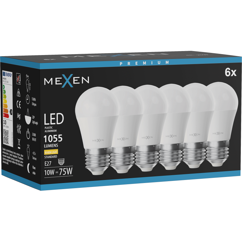 Mexen Nova 6x LED žiarovka E27, G45, 10W, Teplá - 3000K, 1055 lm - L101-E27-1030-01x06