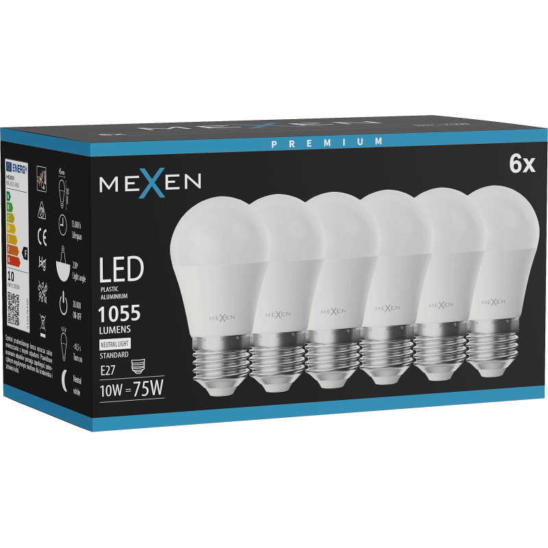 Mexen Nova 6x LED žiarovka E27, G45, 10W, Neutrálna - 4000K, 1055 lm - L101-E27-1040-01x06