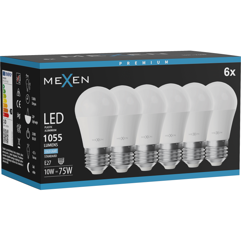 Mexen Nova 6x LED žiarovka E27, G45, 10W, Studená - 6500K, 1055 lm - L101-E27-1065-01x06