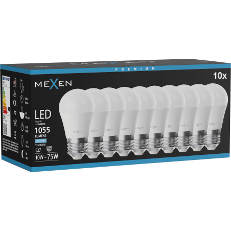 Mexen Nova 10x LED žiarovka E27, G45, 10W, Studená - 6500K, 1055 lm - L101-E27-1065-01x10