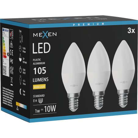 Mexen Nova 3x LED žiarovka E14, C37, 1W, Teplá - 3000K, 105 lm - L102-E14-0130-01x03